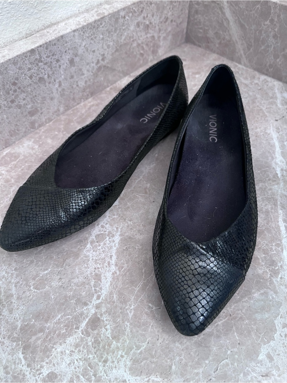 Vionic Black Snake-Embossed Pointed-Toe Flats